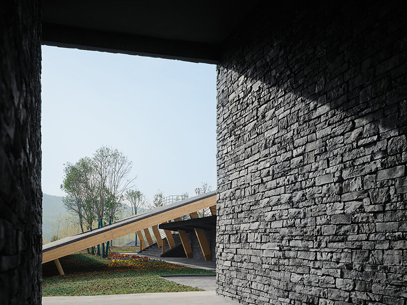 topped with a slanted canopy, this pavilion doubles as a viewing platform in rural china