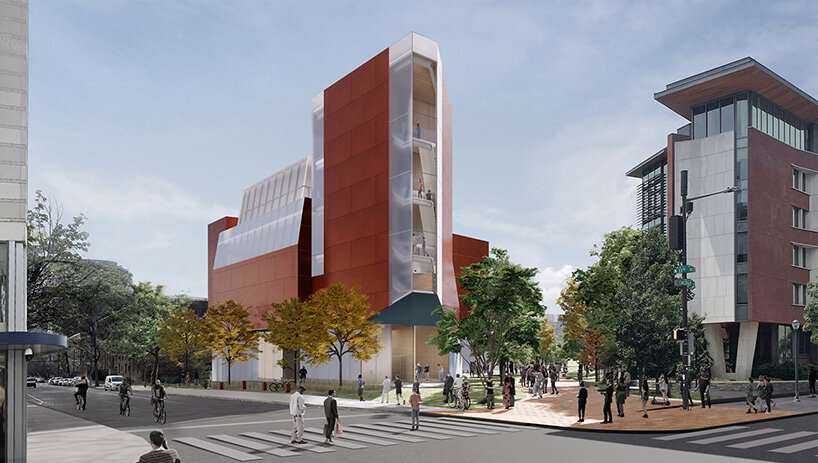 translucent floating trapezoids top steven holl's arts center for university of pennsylvania