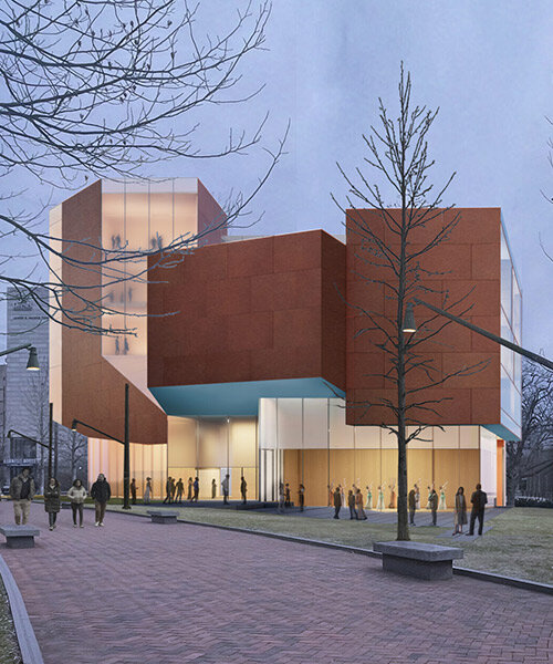 translucent floating trapezoids top steven holl's arts center for university of pennsylvania