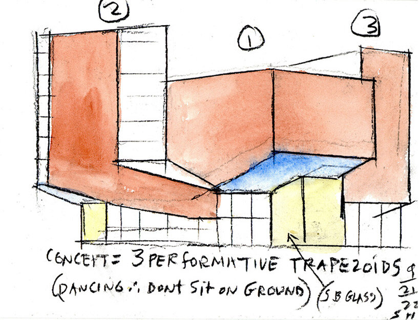 translucent floating trapezoids top steven holl's arts center for university of pennsylvania