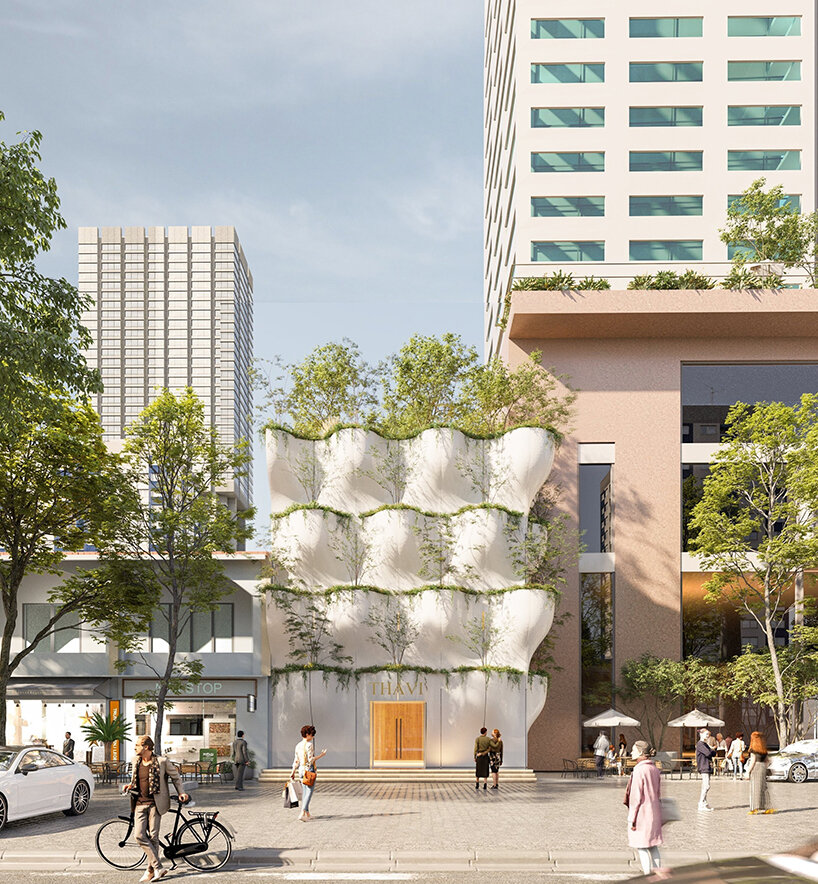 SAVA envisions beauty spa facade in vietnam as stacks of sculptural tree planters