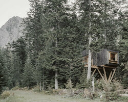 cyril chênebeau perches a pair of cabins on stilts in the forested french alps