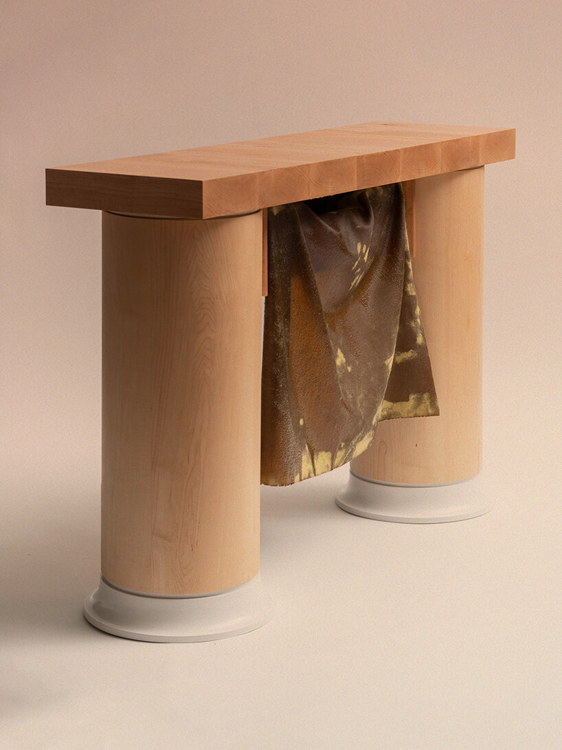 caleb engstrom drapes resin-coated wool over furniture to explore textile in 'wettest' form