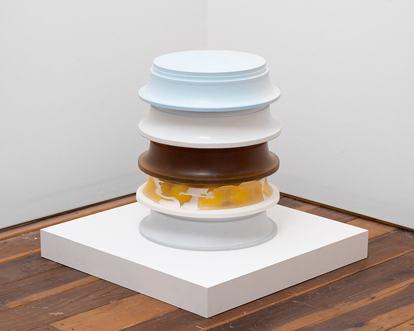 caleb engstrom drapes resin-coated wool over furniture to explore textile in 'wettest' form