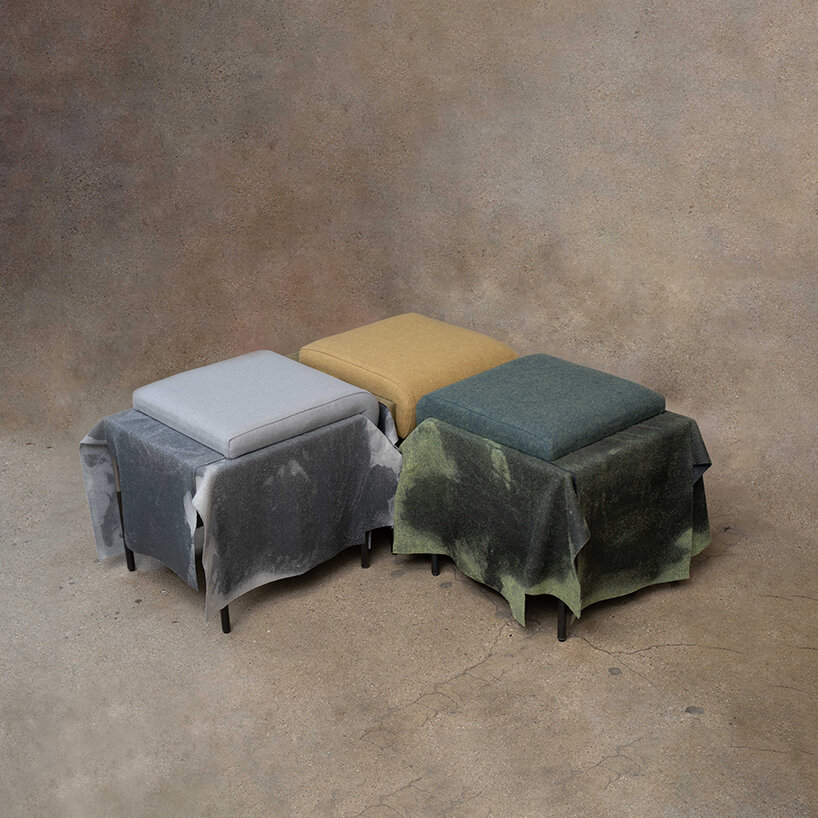 caleb engstrom drapes resin-coated wool over furniture to explore textile in 'wettest' form