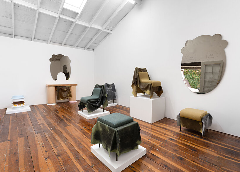 caleb engstrom drapes resin-coated wool over furniture to explore textile in 'wettest' form