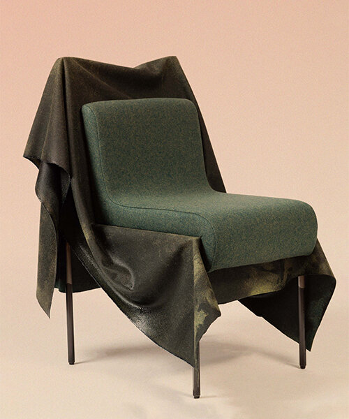 caleb engstrom drapes resin-coated wool over furniture to explore textile in 'wettest' form