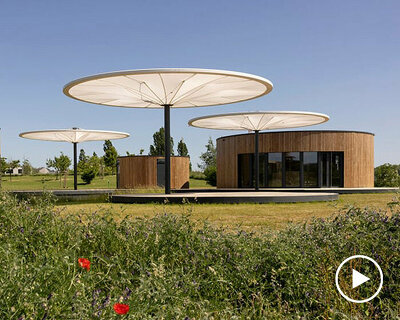 bebunch's wooden pavilions, ponds, and umbrella canopies weave through public park