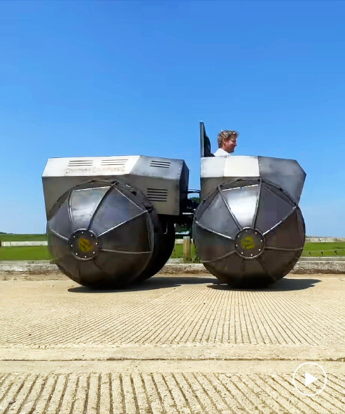 inventor modifies used tractor into all-terrain armored 'rhino tank' with hemispherical wheels