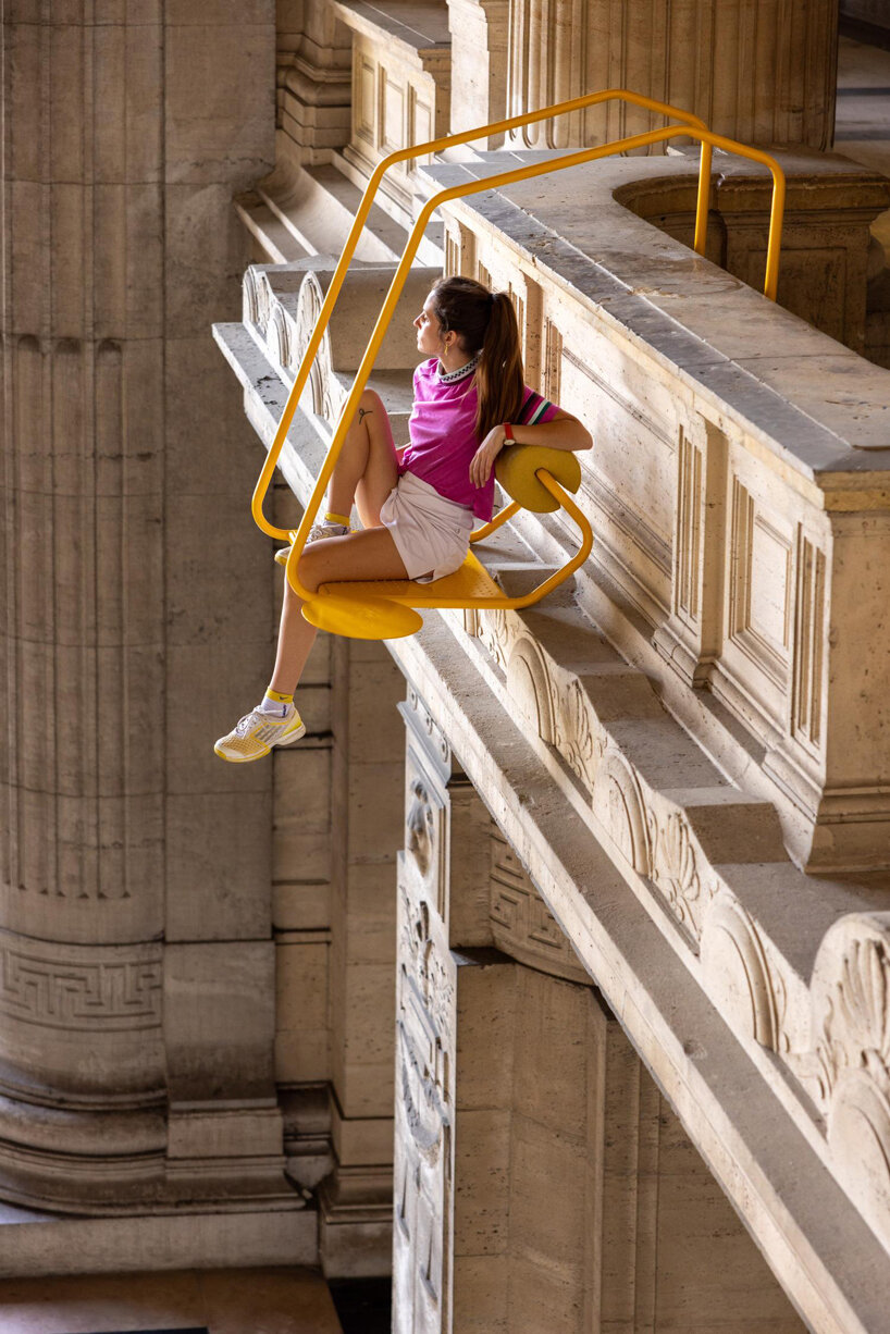 daphné keraudren's metal hung seats challenge the norms of architecture in public buildings