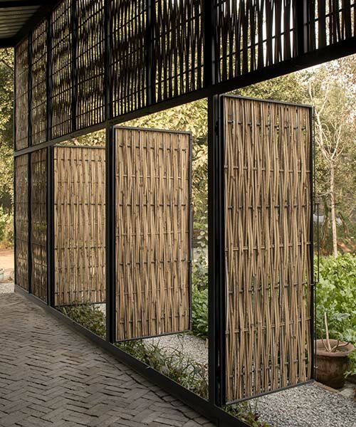 studio array wraps new dehli artist residency 'farm 8' in screens of woven bamboo