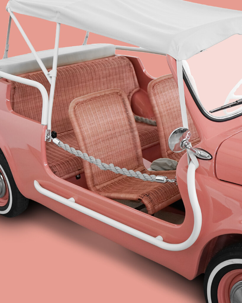bonacina and garage italia turn fiat 500 spiaggina in summer pink car with  woven rattan seats