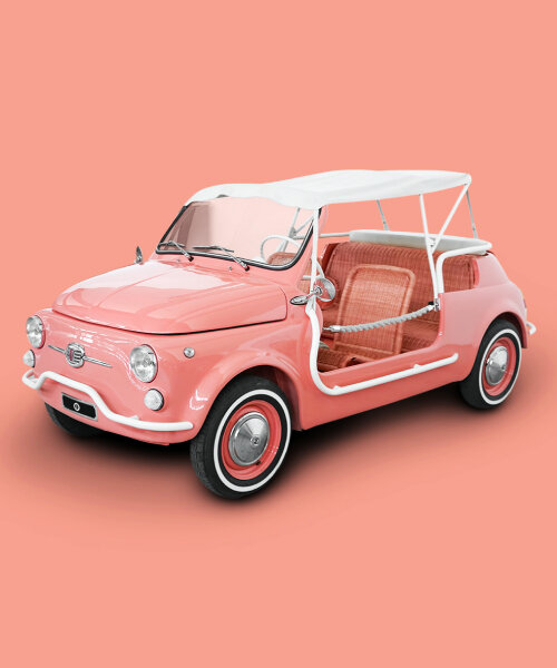 bonacina and garage italia turn fiat 500 spiaggina in summer pink car with woven rattan seats