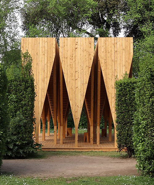 atelier poem's pavilion emerges as a forest of wooden columns amid gardens of villa medici