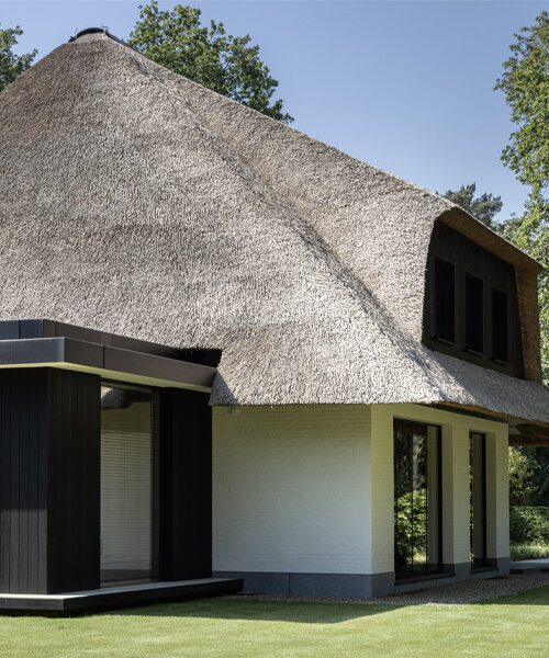 belgian thatched-roof house gets a sleek pavilion extension by mieke van herck architects