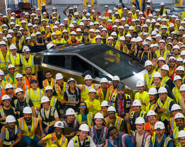 tesla reveals first real model of cybertruck built at giga texas & 4 years after it was introduced