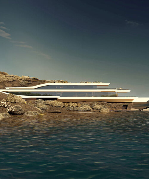 greek 'villa earth' emerges from the mediterranean coast like a futuristic yacht