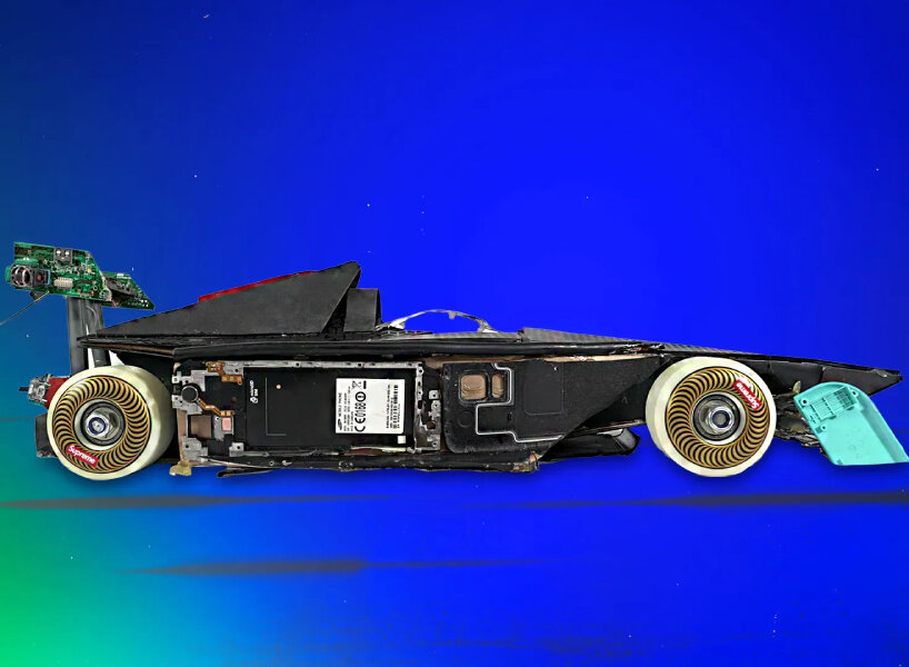 formula E team builds first racing car made entirely of discarded  electronics, vapes & phones