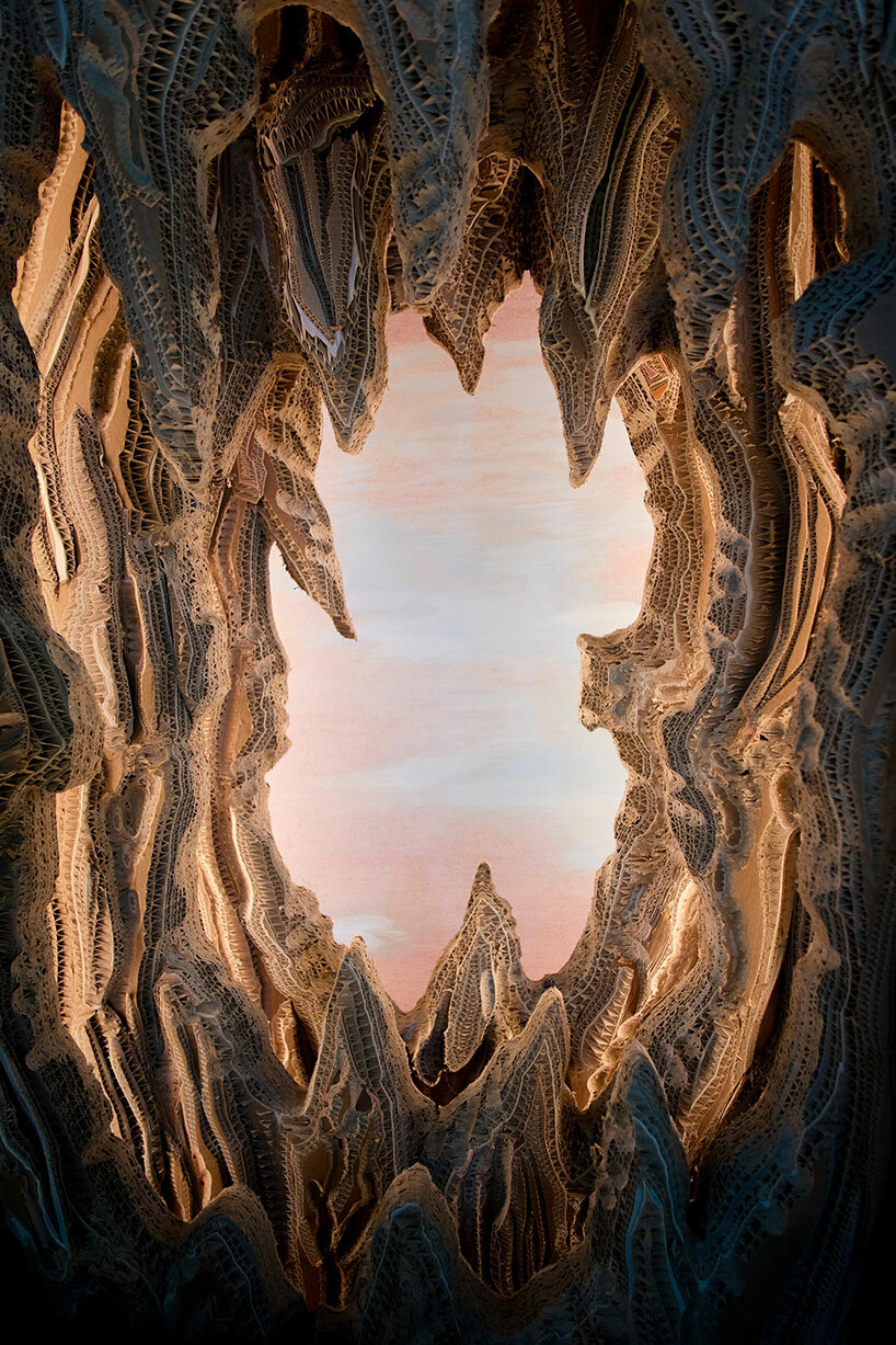 eva jospin weaves enchanting cardboard landscape into palais de papes' gothic architecture