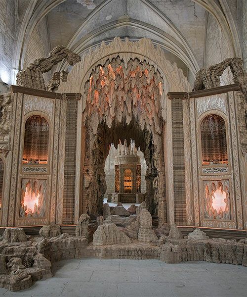eva jospin weaves enchanting cardboard landscape into palais de papes' gothic architecture