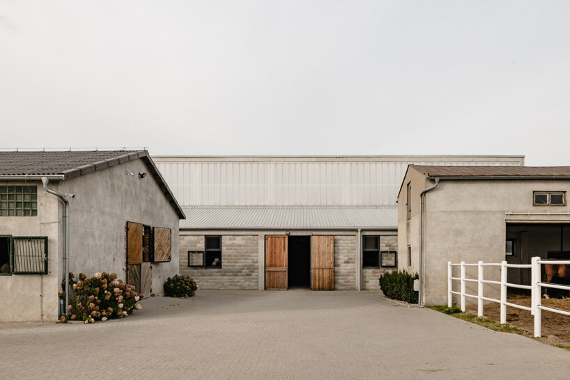 raw concrete, steel panels, and wood wrap wiercinski studio's equestrian center in poland