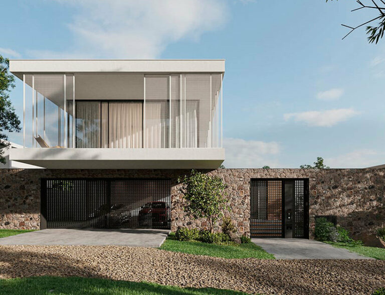 white cantilever glazed volume stands on stone plinth in cyprus