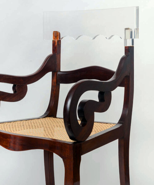 tatiane freitas' sculptures complete missing parts of broken chairs with translucent acrylic