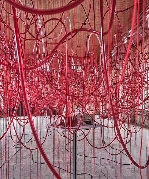 red liquid flows through chiharu shiota's ‘who am I tomorrow?' tube installation