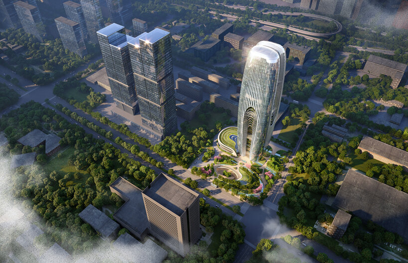 zaha hadid's daxia tower in xi'an emerges as a cascade of planted interior terraces 