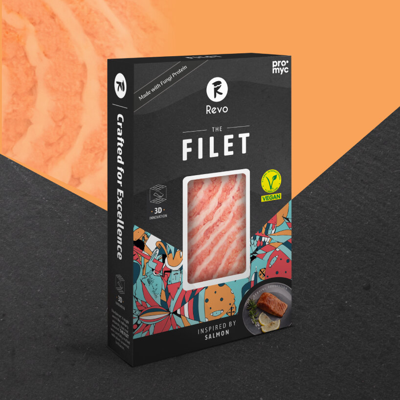 revo foods 3d-printed salmon vegan fish filet packaging 