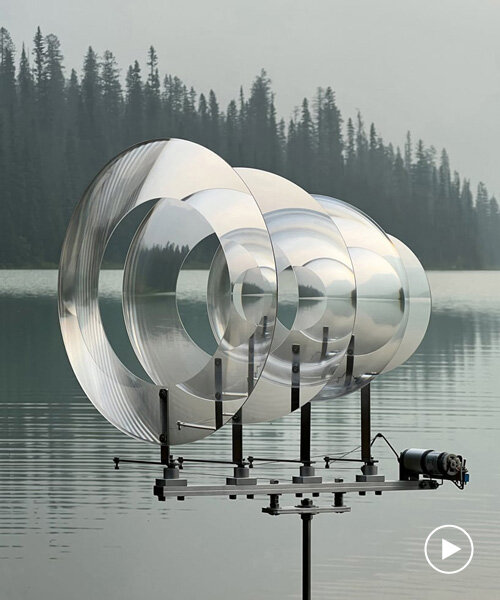 vincent leroy's hovering kinetic lens installation echoes the ripples of canada's emerald lake