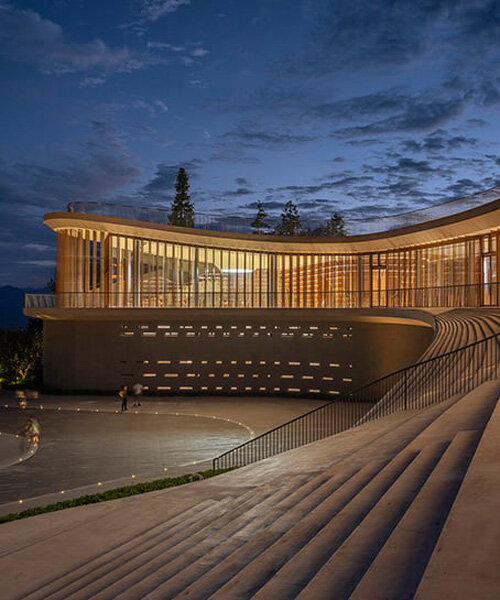 archstudio weaves resort exhibition center into the undulating landscape of dengcun, china