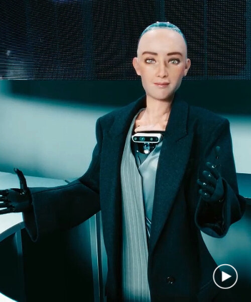 sophia the robot receives and interacts with guests at BOSS techtopia FW23 show in milan