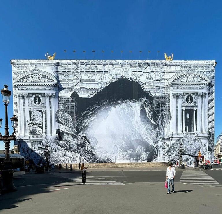 JR reimagines palais garnier's scaffolding as entrance of a cave