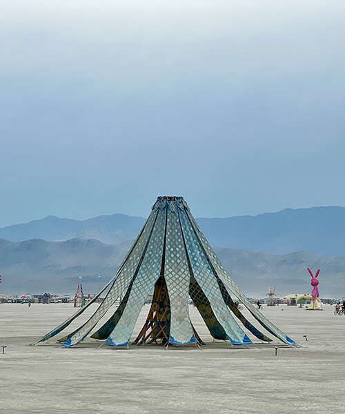 MIT's living knitwork pavilion at burning man lights up at night & interacts with people's dance