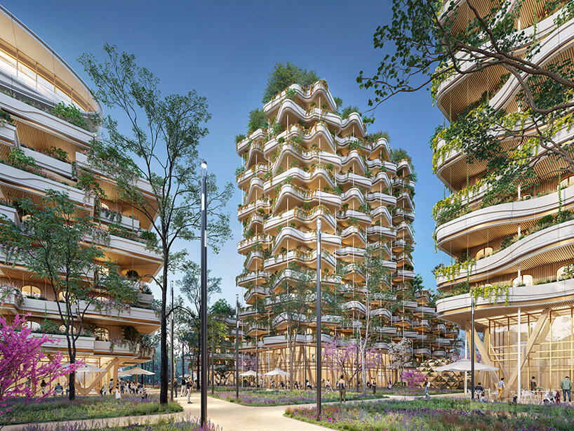 vincent callebaut's carless & timber eco-district in switzerland hosts cascading 'sky villas'