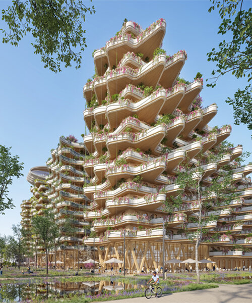 vincent callebaut's carless & timber eco-district in switzerland hosts cascading 'sky villas'