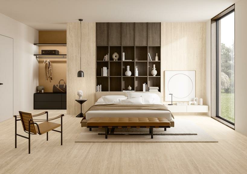 ariostea’s marmi travertino surfaces gives italian travertine stone a porcelain revival