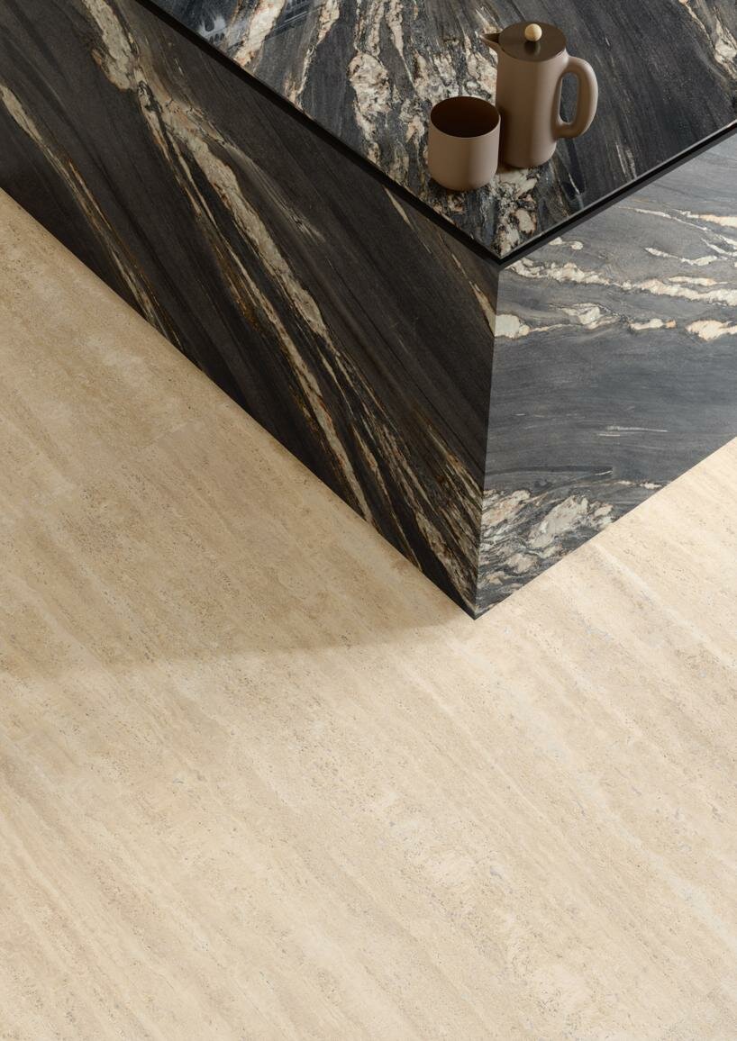 ariostea’s marmi travertino surfaces gives italian travertine stone a porcelain revival