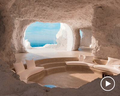 virtual cave house carves the organic landscape of milos in greece
