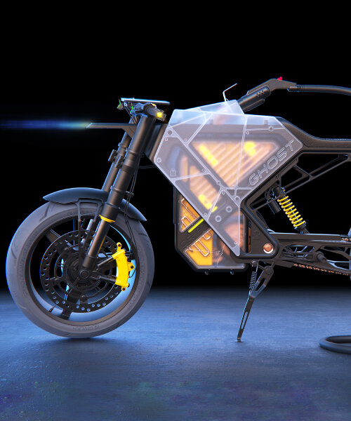 electric motorcycle wraps transparent panels around its body, so riders can see what’s inside