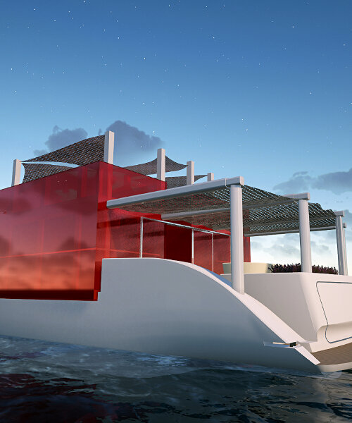 red glass house built on top of aluminum catamaran makes up the floating ‘cube houseboat’
