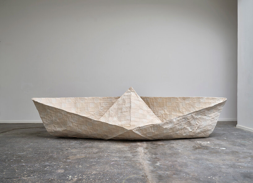 design duo crafts oversized fabric boat recalling patchwork traditions and japanese origami