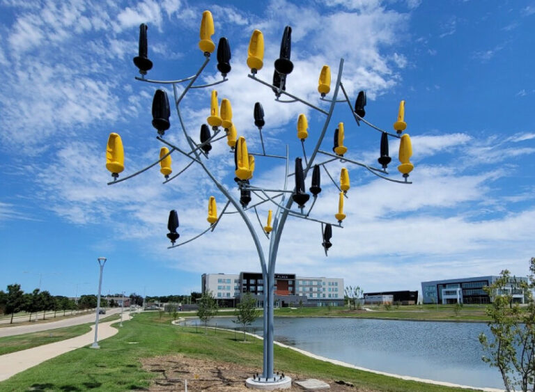 aeroleaf hybrid's treeshaped wind turbine includes solar panels for