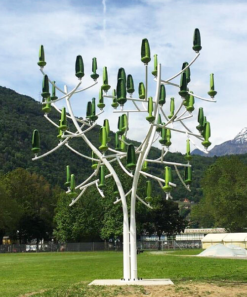 aeroleaf hybrid's tree-shaped wind turbine includes solar panels for dual energy production