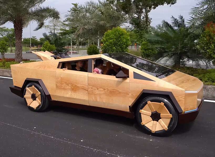 a fully functional wooden tesla cybertruck is built from scratch