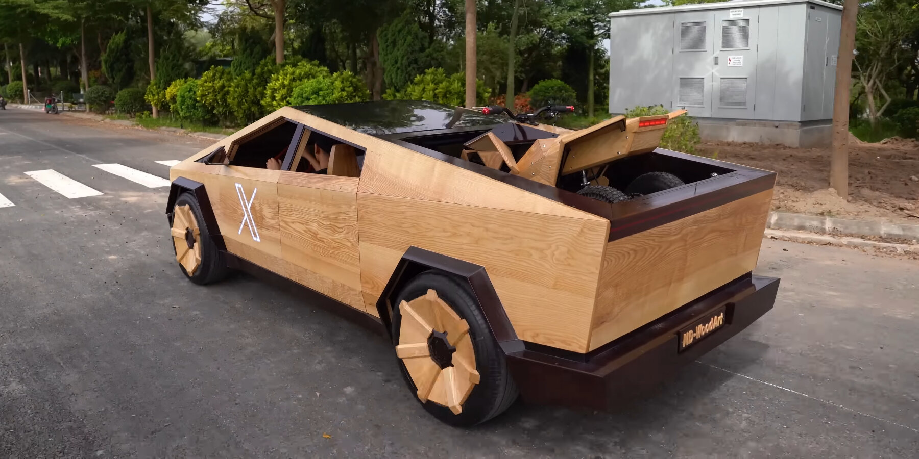 a fully functional wooden tesla cybertruck is built from scratch