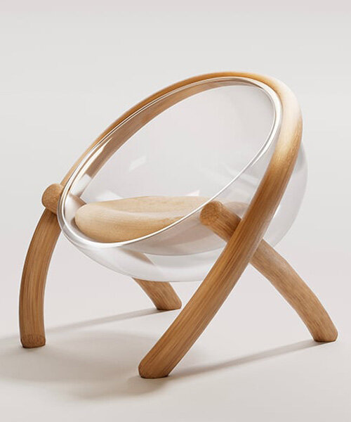 intersecting wooden components nestle contoured PET seat for xingcheng zhu’s XOX chair 