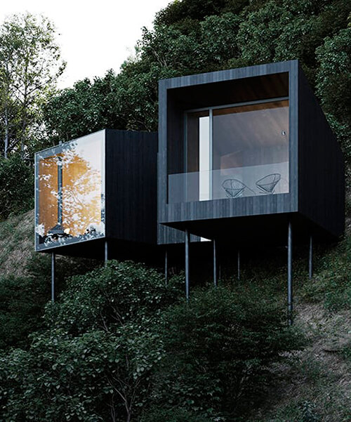 dark timber-clad cabins reflect the forested slopes of kyiv