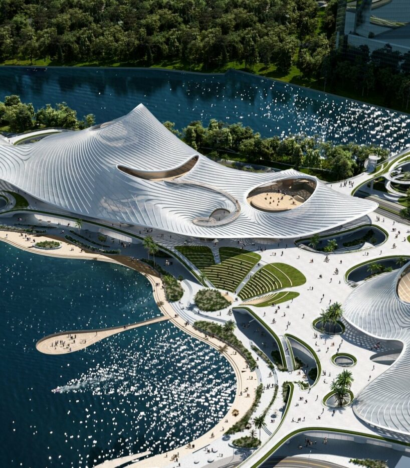 MAD architects' culture hub emerges from the lake like a continuous ripple of water in china